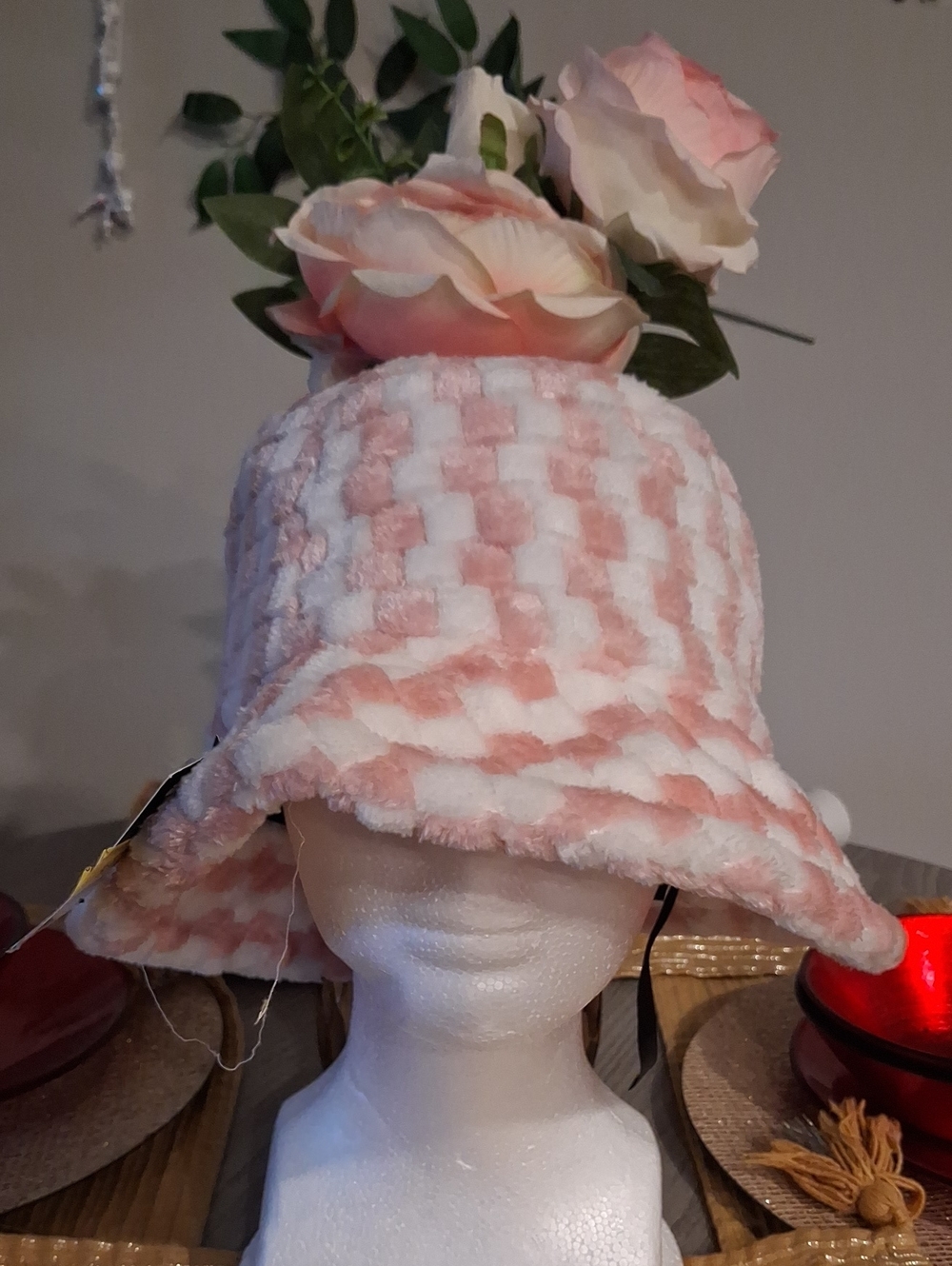 Plush Pink & White Check Bucket Hat - Womenβs Fashion